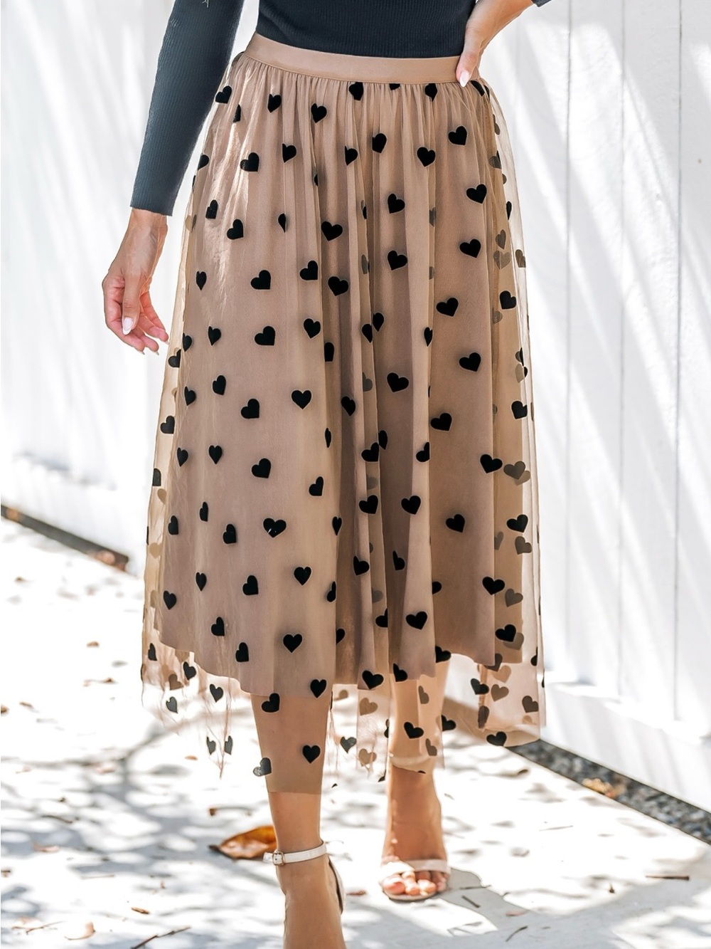 Cupshe Taupe Tulle Midi Skirt with Black Heart Appliqués